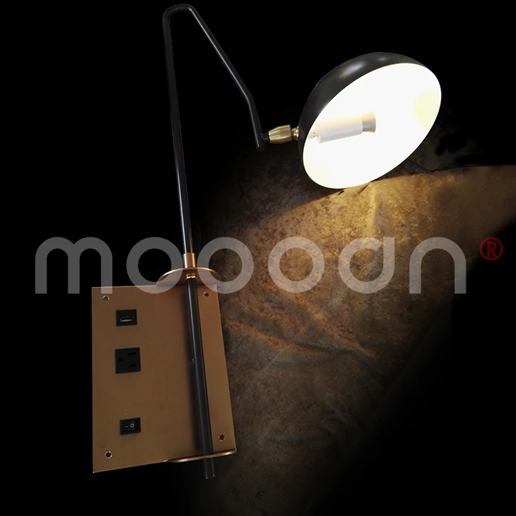 Modern hotel bedroom adjustable iron reading wall light with USB port and outlet