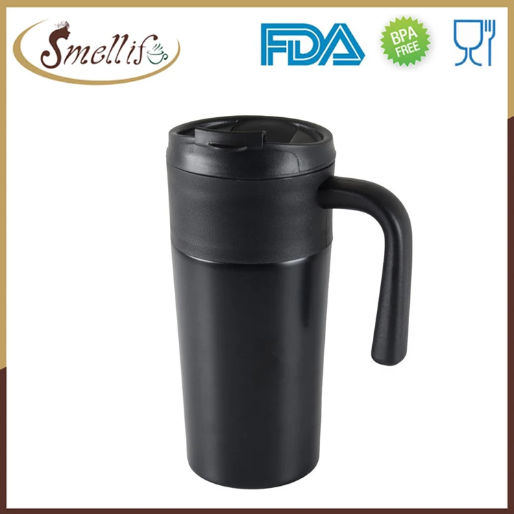 16oz double layered stainless steel plastic travel coffee mug with handle. 