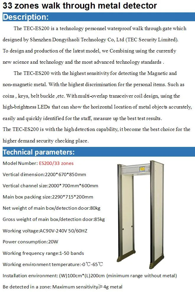 33 zones walk through metal detector price TEC-ES200