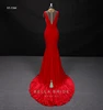 Latest elegant red velvet frock designs mermaid trumpet prom dress high slits long women dresses party night evening gown