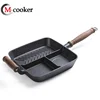 New type wooden handle seasoned cast iron divided griller divide frying pan cast iron three divided pan