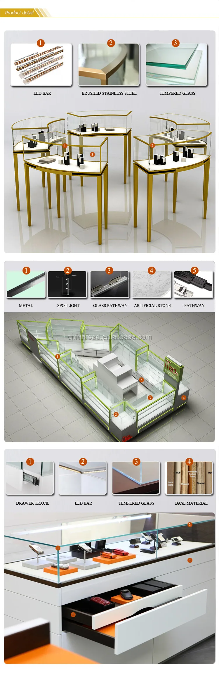 custom jewelry window decorative furniture shopping mall glass jewelry showcase display cabinet kiosk with lock