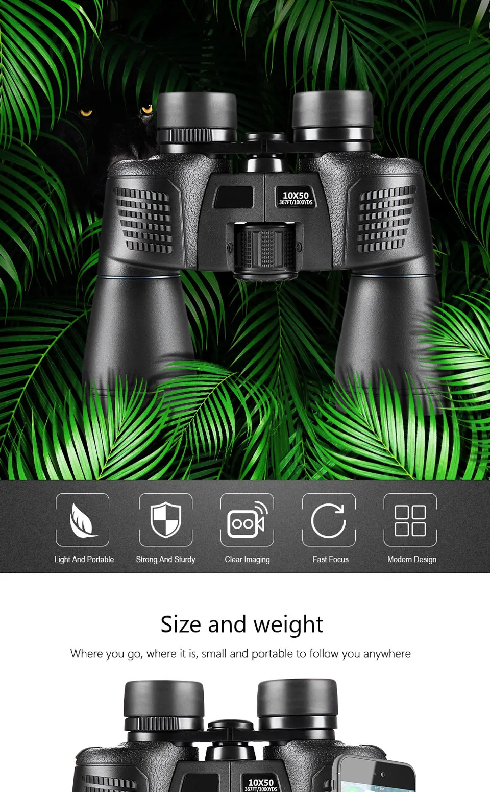 High quality high magnification wide range binoculars 10x50