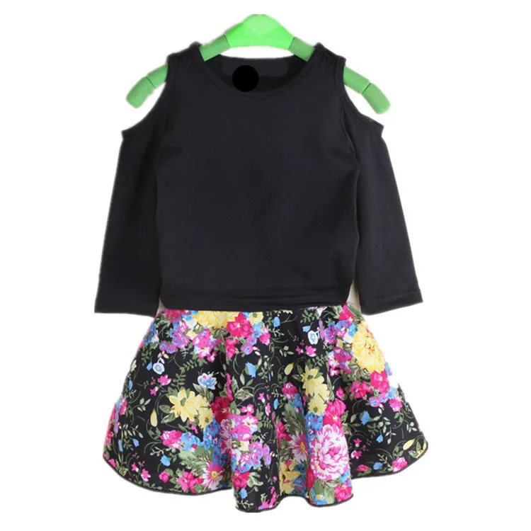 2-8Y Girls Clothing Sets 2PCS Black Long Sleeve Shoulder Off Top + Floral Skirt Baby Clothes Dress