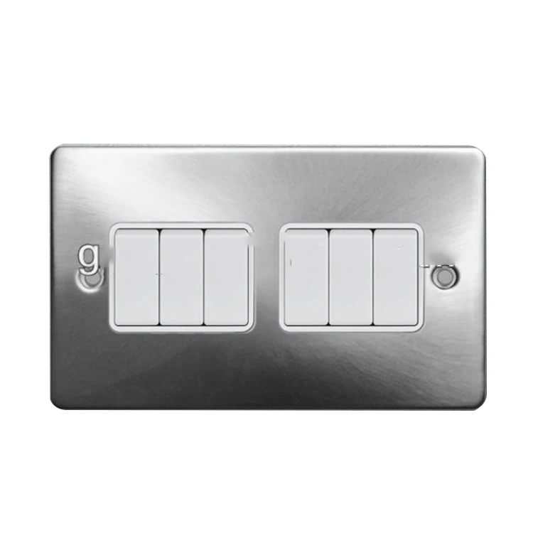 UK style bright shiny stainless steel 6 gang light switch