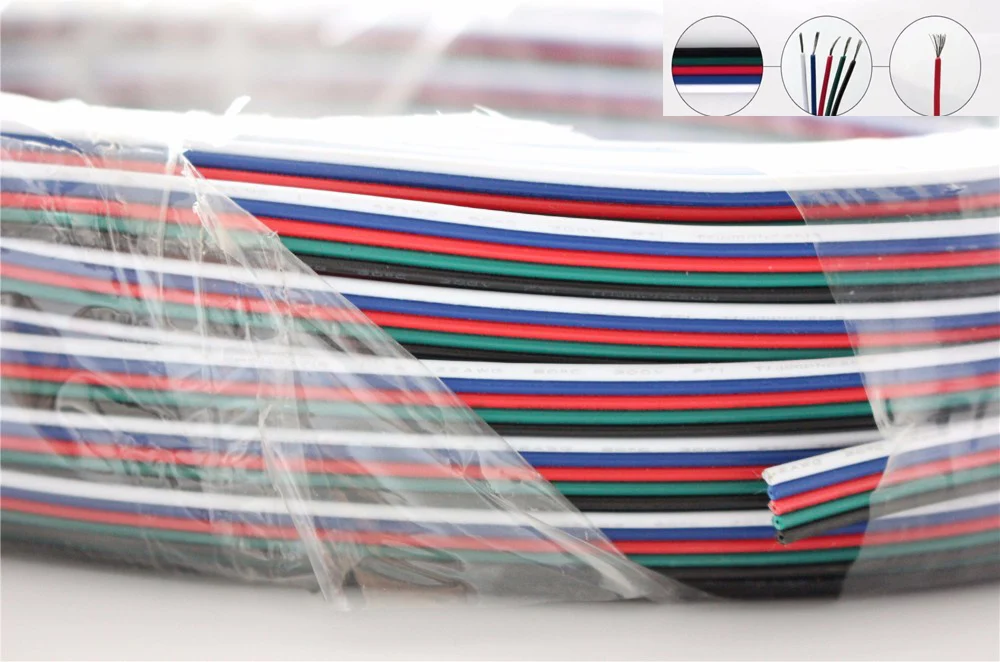 5M/10M/20M/roll 5 pin Wire Cable rgb white black led connector For 3528 5050 smd RGB LED Strip 22AWG line