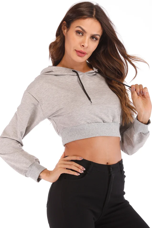 women midriff-baring casual sport long - sleeved hoodies