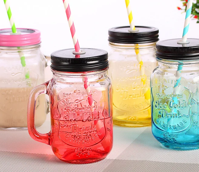 Glass Mason Jars Mugs With Handles,Lids And Drinking Straws/clear Glass Drink Cups With Metal