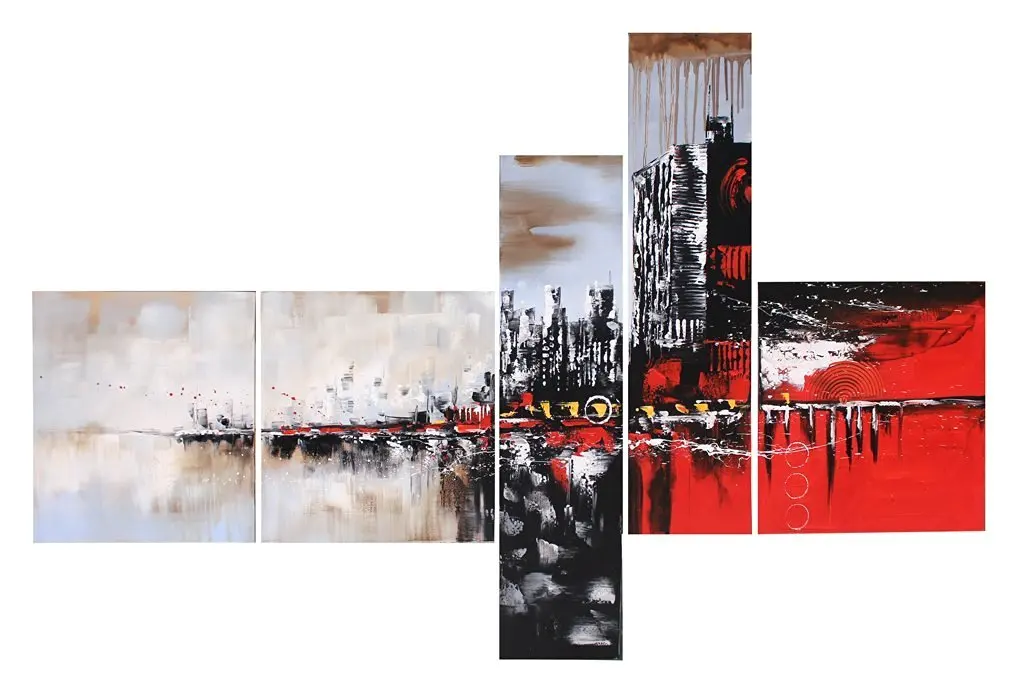 Ode-Rin Art Christmas Gift 100% Hand Painted on Canvas Oil Painting Hand Made Prosperity City Framed Abstract Art 4-pieces Artwork for Living Room Home and Wall Decoration