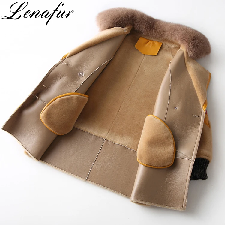 Women Elegant Warmer Lamb Sheep Fur Leather Shearling Jacket Coat With