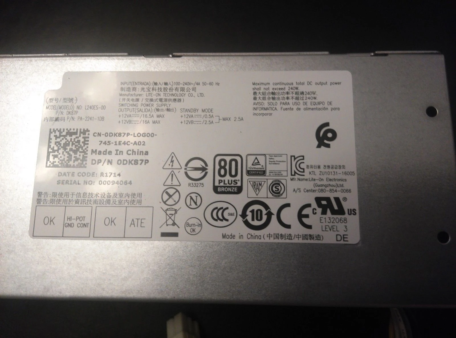 For Dell Optiplex 3050 7050 Cn-0dk87p 0dk87p Dk87p L240es-00 240 Watt ...