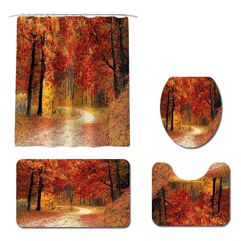 Maple leaf printed Toilet Pad Cover Bath Mat Shower Curtain Set for Bathroom Decoration