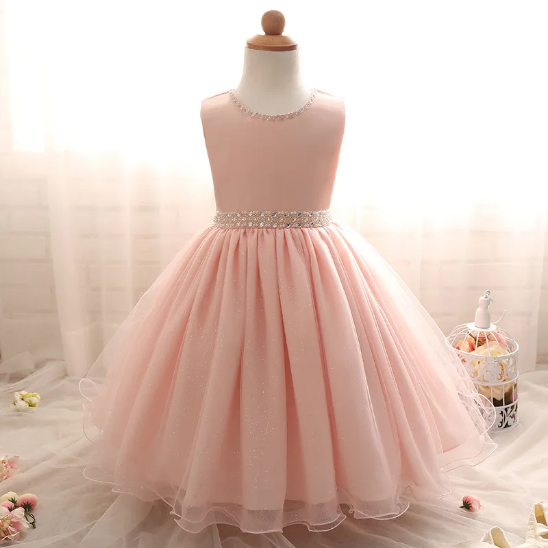 Sequin Lovely Ruffled Crysal Belt Flower Girls Dress Mesh White