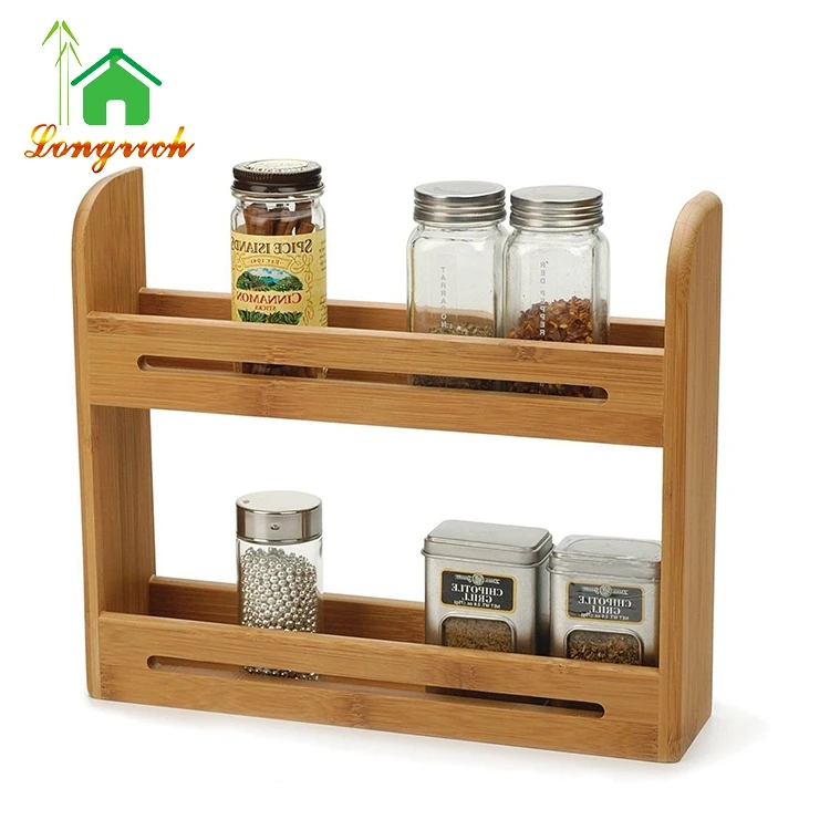 New 2 Tier Pine Natural Wood Wall Mounted Free Standing Wood Wooden Spice Herb Storage Rack Jar Stand Holder