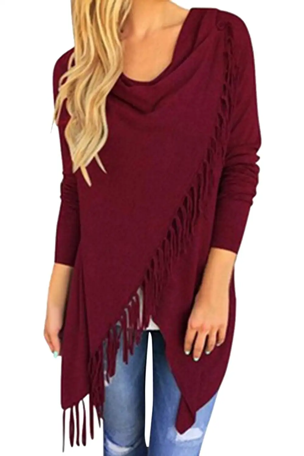 Viottis Women's Tassel Hem Crew Neck Knited Cardigan Sweater Coat Outwear