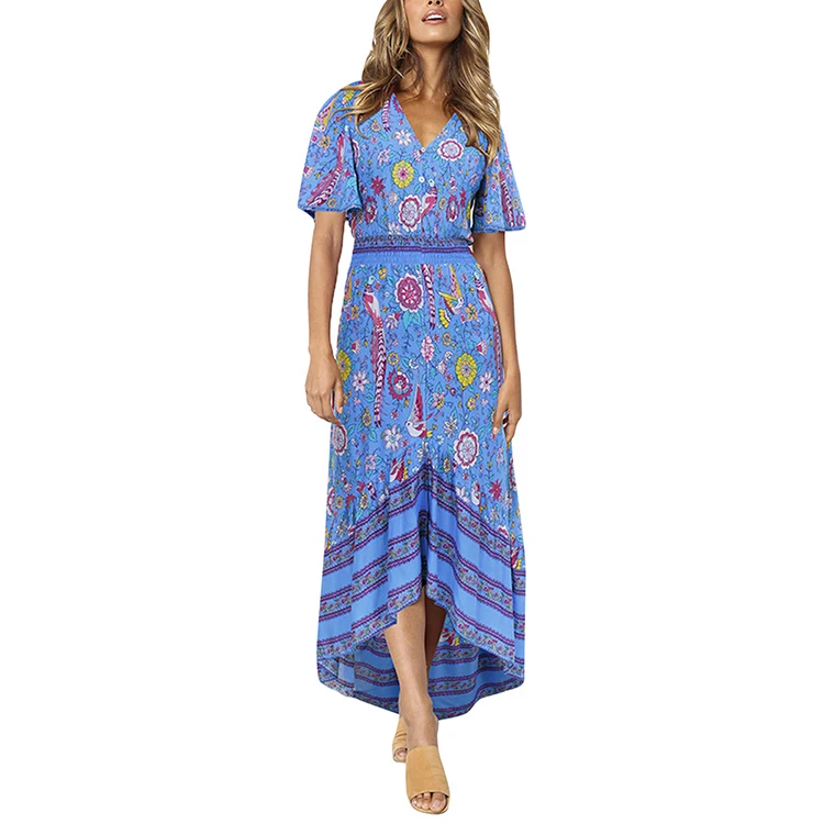 2019 Summer Women Maxi Noble Sapphire Blue Floral Print Front Button Bohemian Beach Dress