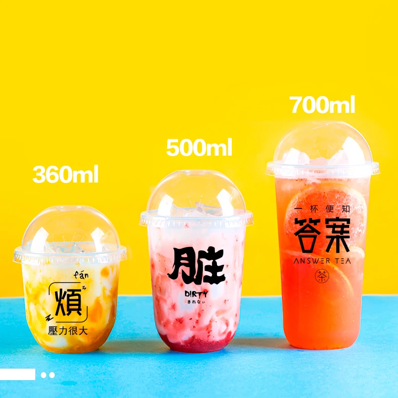 100pcs/pack 360/500/700ml U Shaped Bubble Tea Cup Soft Plastic Boba Tea Cups  Dessert Ice Cream Cup Accept Customization