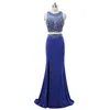 Blue Evening Dress Long Gown Prom Dress 2018 Two Pieces Mermaid Beaded Maxi Evening Dresses Party Wear Gowns for Ladies