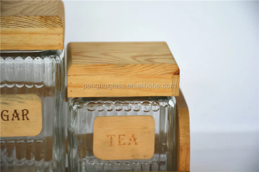 3 Pcs Square Glass Storage Jar With Wooden Lid In Wood Stand Buy