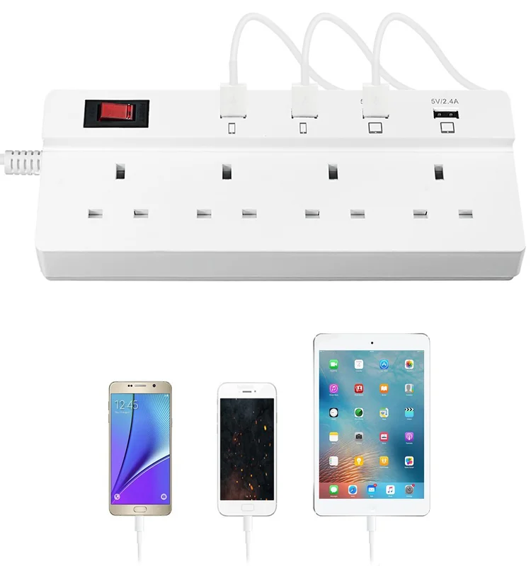 Uk Extension Lead Power Strip With Usb 4 Way Outlets 4 Usb Ports