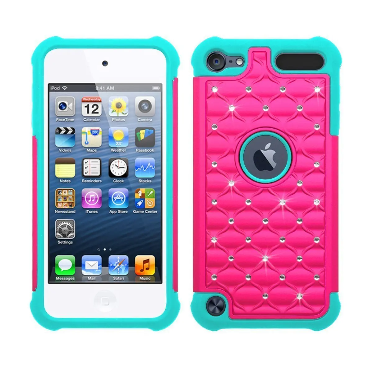 iPod Touch 5 Touch 6 Generation Case, Vogue shop Diamond design Durable 2in1 PC+Silicone Design Bumper Slim Crystal Bling Hybrid Armor Case Cover fit for iPod Touch 5 Touch 6 Generation (Rose+Teal)