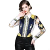European and American Autumn Women Fashion Turn Down Collar Button Front Long Sleeve Vintage Print Silk Feeling Casual Shirt
