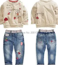 2015 New Winter baby girls clothing set Children kids cartoon sweater+jeans set toddler girls Autumn clothes Retail