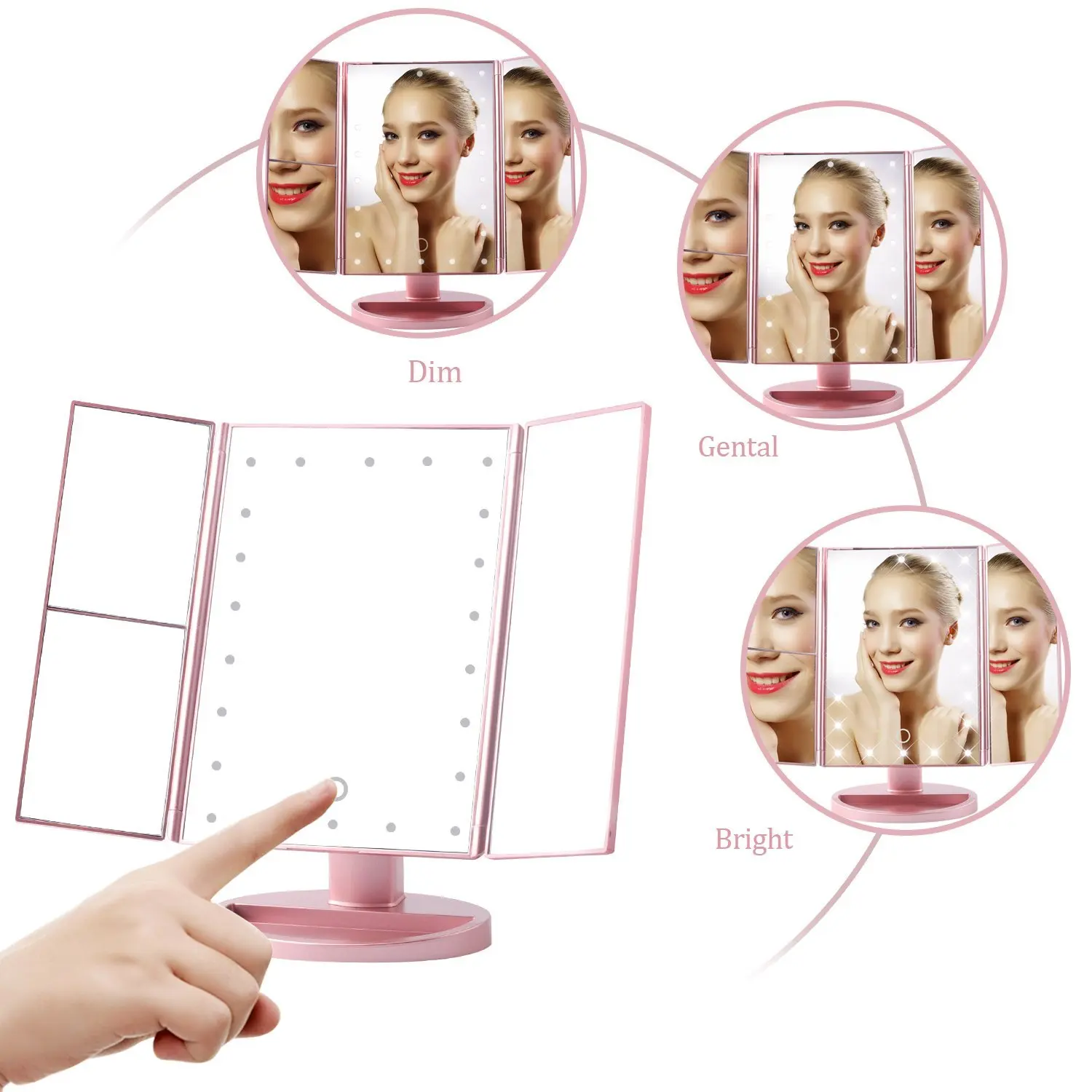 LED Make up Mirror trifold 3X 2X 1X Magnifying Mirrors with Touch Screen and 180 Adjustable Stand Vanity Mirror