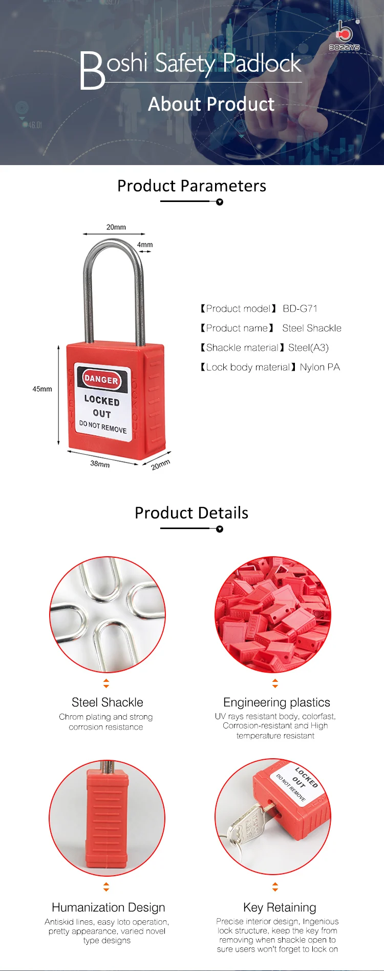 BOSHI Custom Logo Multi-Color Optional 38Mm Steel Shackle Safety Padlock