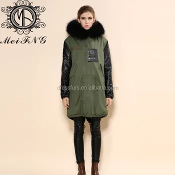 Leather Sleeve Faux Fur Green Parka Coat With Fox Fur Collar For ...