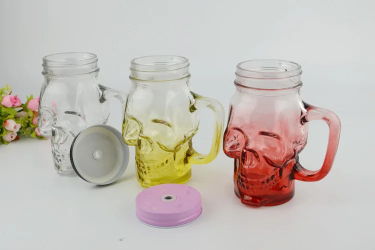 450ml Skull shaped color printing glass mason jar handle cup drinking glass bottle with Lids and Straw