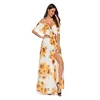 3XL Plus Size Women Clothing Vintage Deep-V Side Split strap off shoulder sunflower print long dress floral boho dress summer