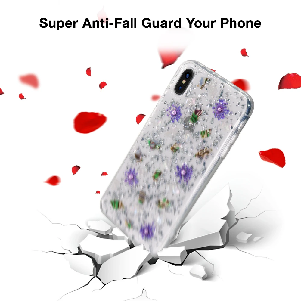 Kavaro Swarovski Crystals Luxury Bling Glitter Real Flower Cell Phone Mobile Cover Hard Phone Case for iPhone X/XS/XR/XS Max