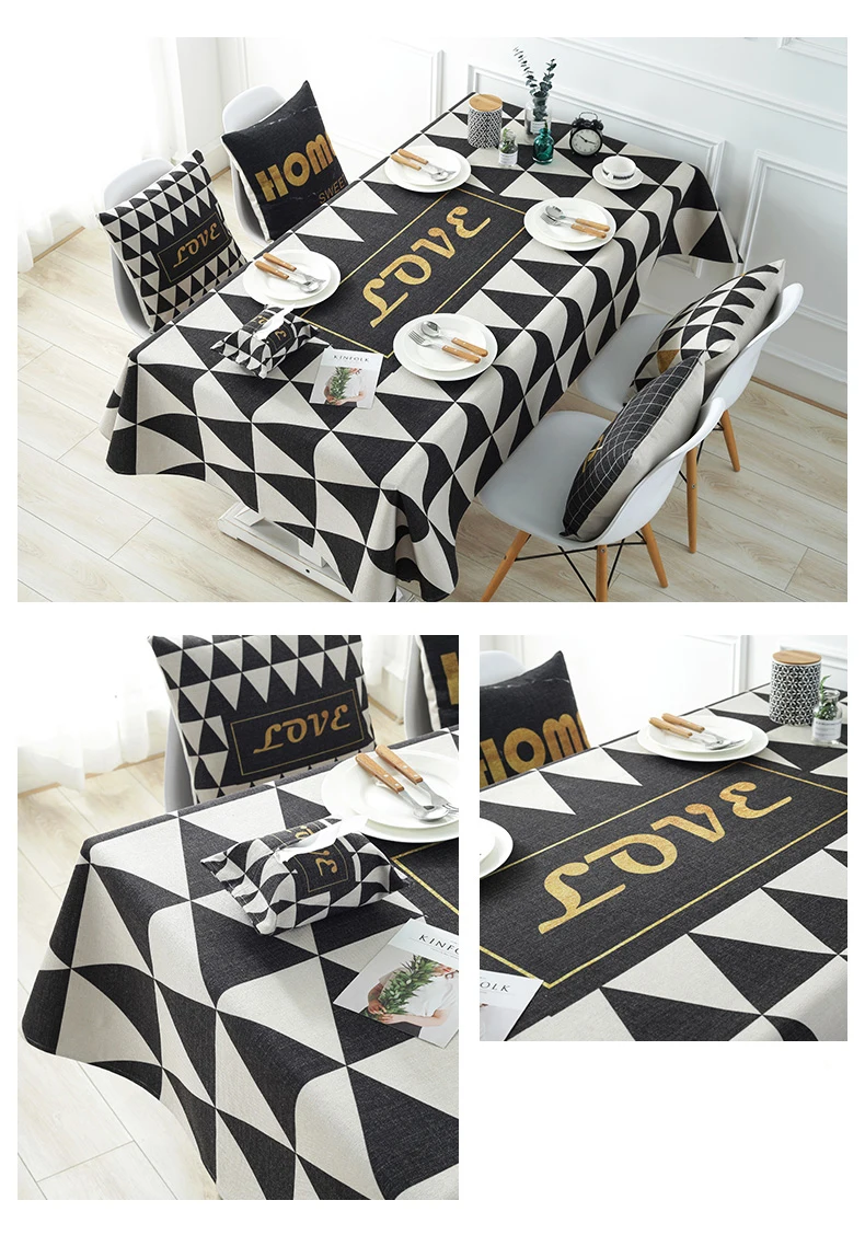 Simple eco Nordic black white plaid soft cotton and linen tablecloth