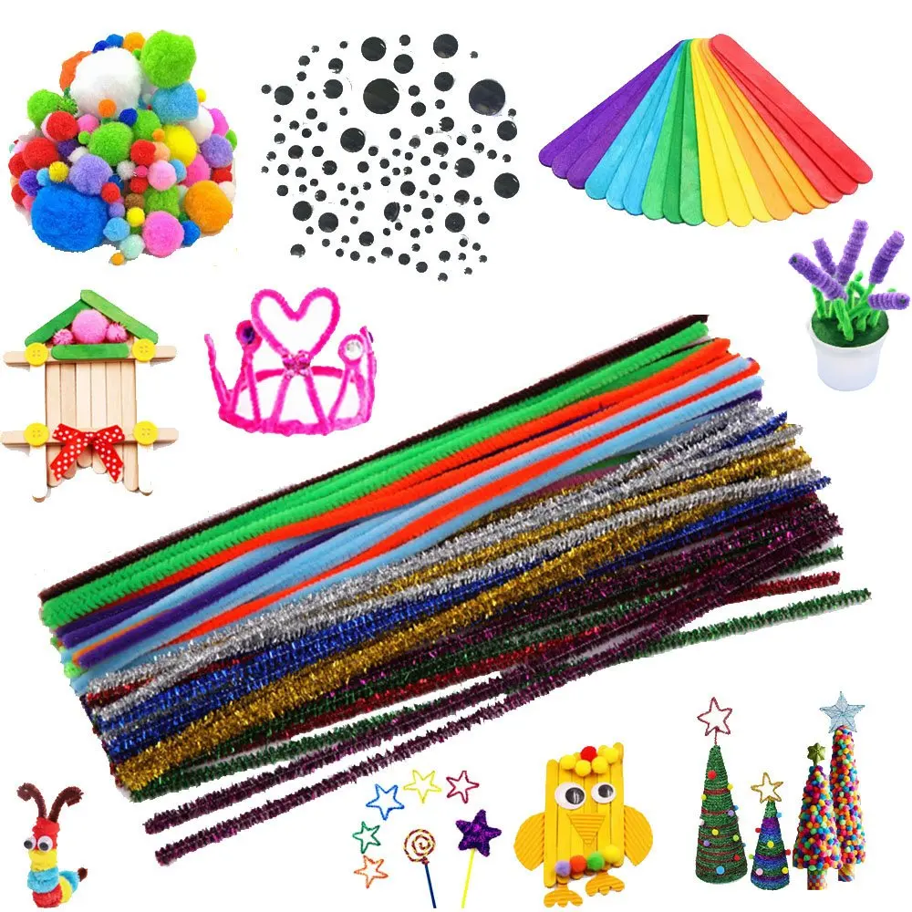 Craft Supplies Set Including 200 PCS Chenille Stems Color Scissor 650 Pcs Pipe Cleaners Set 250 Pcs Pom poms and 200 PCS Self-sticking Wiggle Eyes for DIY School Art Supplies Creative Crafts Decorat
