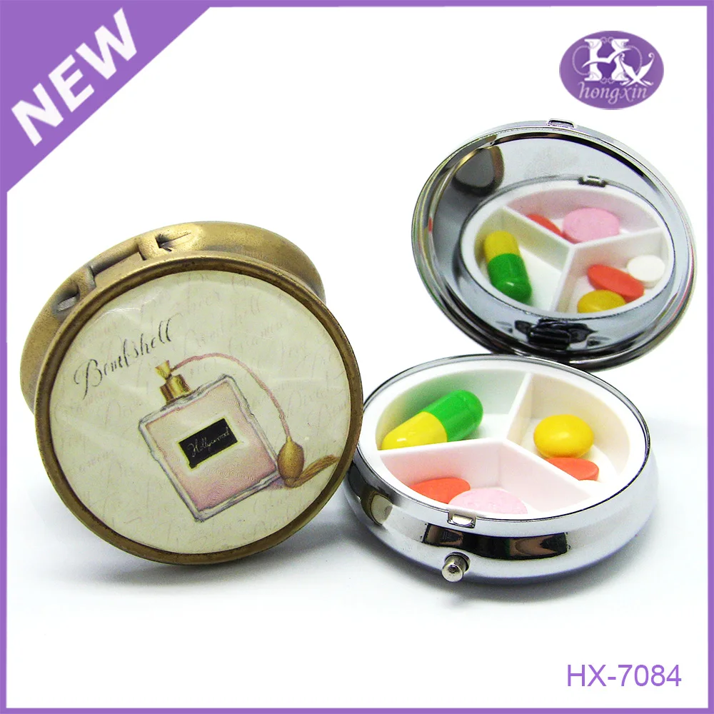 Hx7084 Three Cases Antique Brass Metal Round Pill Box Buy Pill Box