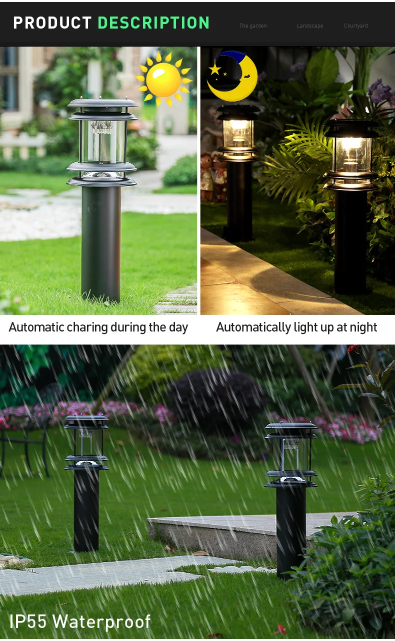 30CM 60CM 80CM Iron Lamp Body Material and IP55 IP Rating Outdoor Solar Garden Bollard light for Path Landscape