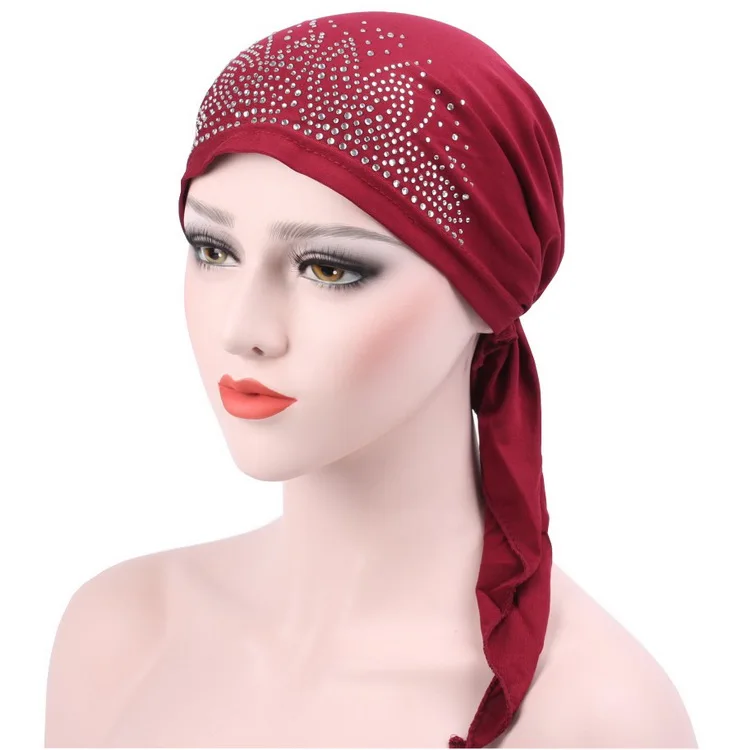 Pink Color Soft Fiber Silk Pearl Rhinestone Adjustable Women Headscarf ...