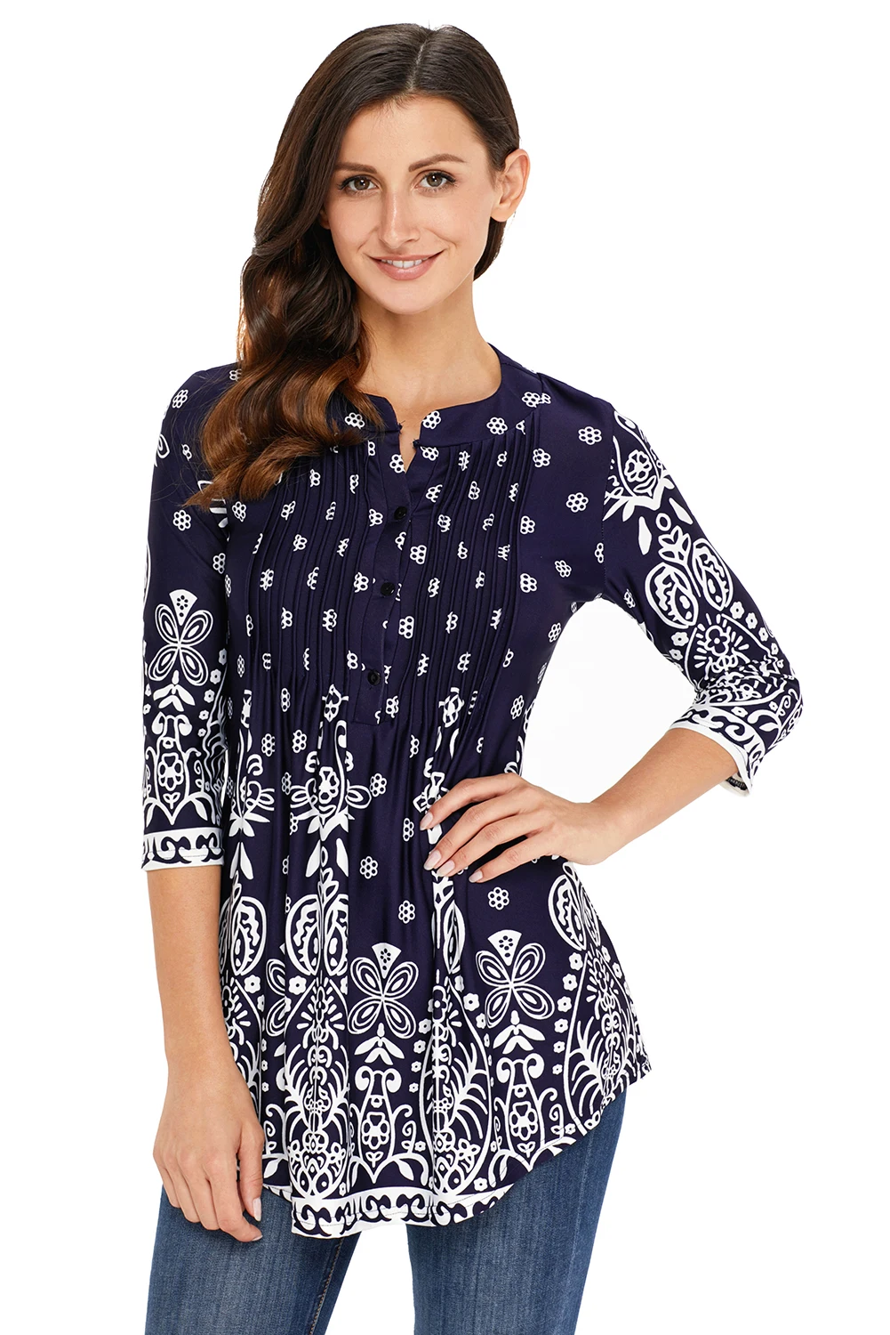 Fashion V Neck Pintuck Floral Print 