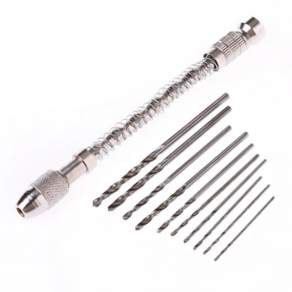 11 Pcs/set Drill Bit Set, Precision Pin Vise Model Hand Drill Set with 10Pcs Twist Drill Bits,Semi-Automatic Hand Drill Wood Model Manual Hand Twist Drill Jeweler Hole Drilling