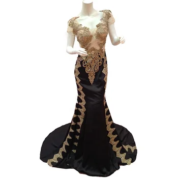 V Neck Lace Dress Golden Black Wedding Guest Gowns Full Length