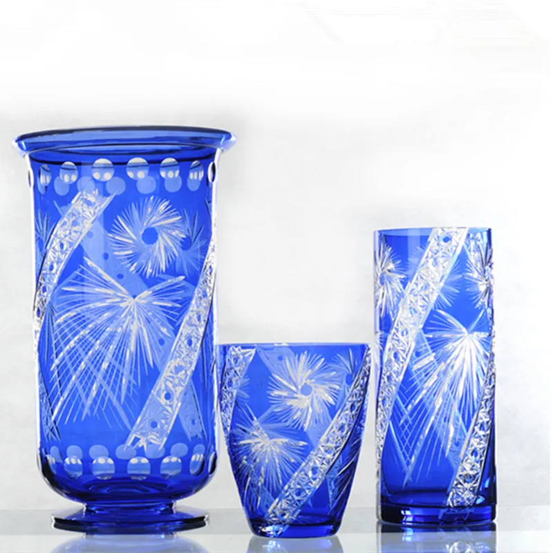 Edokiriko Cut Glass Blue Glass Vase Handblown Colored Glass Vases