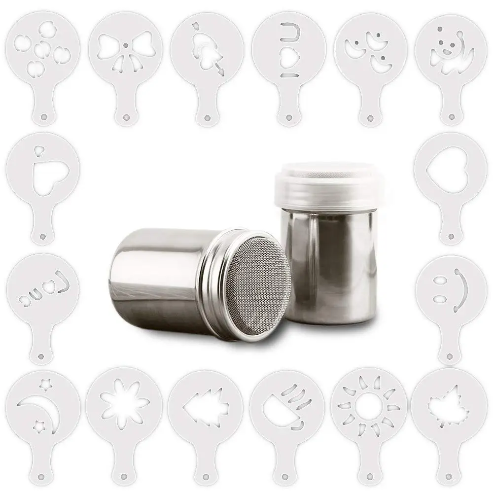 AIFUDA Power Can For Baking Cooking Home Restaurant with 16 Pcs Printing Molds Stencils 3 Pack Stainless Steel Powder Shaker Coffee Cocoa Dredges with Fine-Mesh Lid