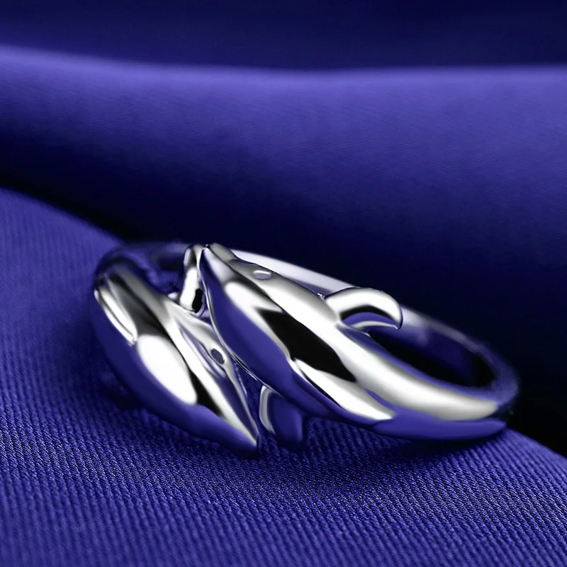 Double Dolphin Silver Plated Adjustable 925 Ring