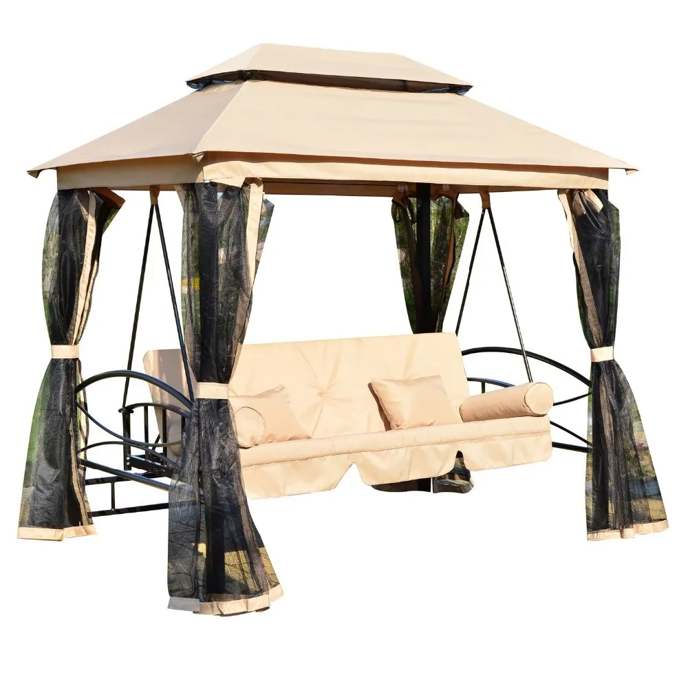 Outdoor 3 Person Patio Tan Daybed Canopy Gazebo Swing With Mesh Walls