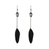 Fashion Womens Filigree Skull Shaped Alloy With Long Chains Dangles Drops Jewelry Black Color One Side Feather Earrings