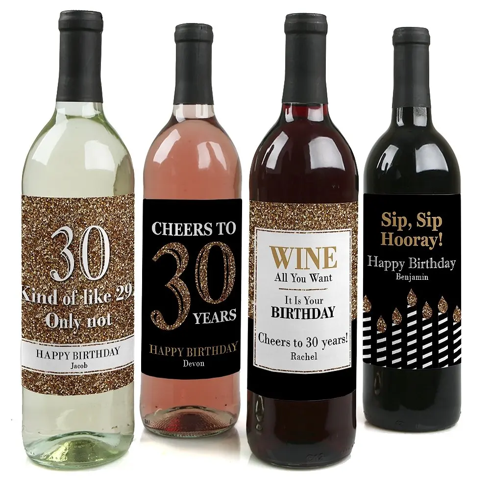 Custom Adult 30th Birthday - Gold - Personalized Birthday Party Wine Bottle Labels - Birthday Gift Idea - Set of 4