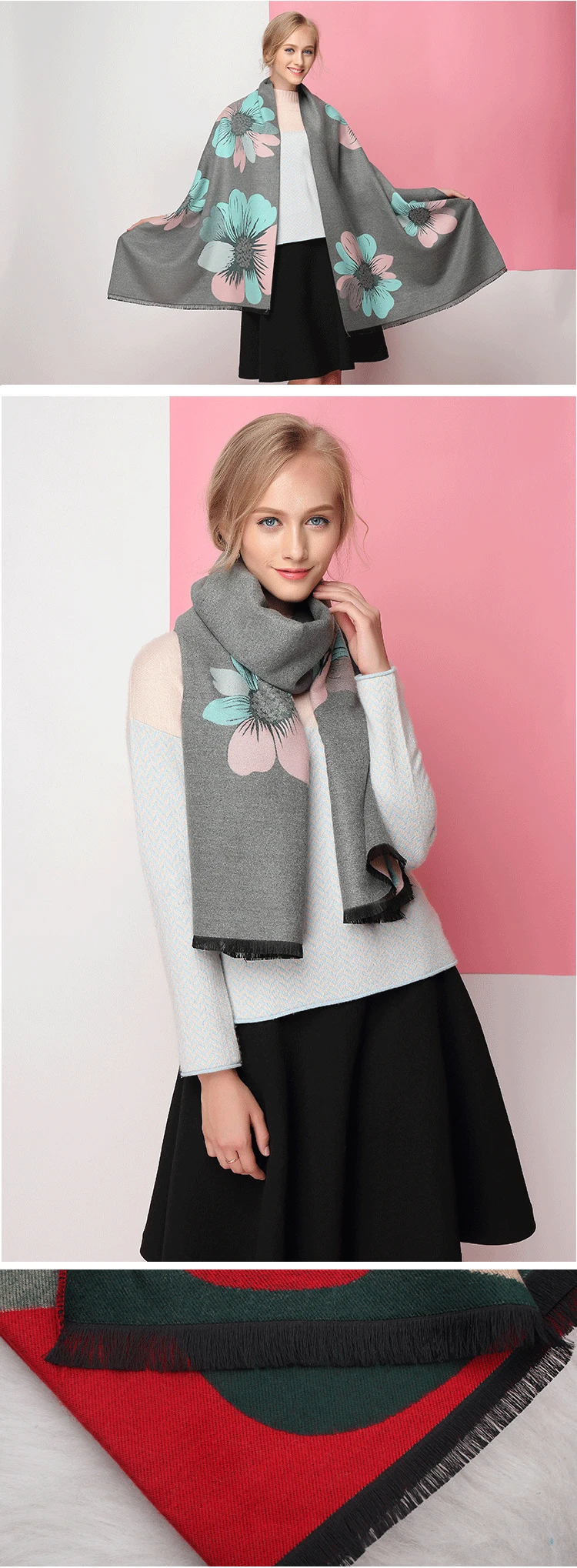 Double Sided Available Fashion Winter Pashmina Jacquard Scarf Big Flower Warm Wraps 100% Cashmere Shawl Scarf Women