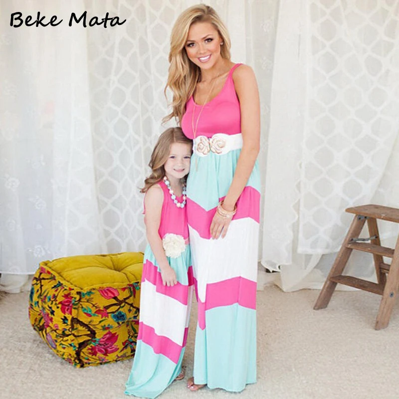 Matching Mother Daughter font b Dress b font 2016 Summer Striped Patchwork Family Matching Outfits Mother