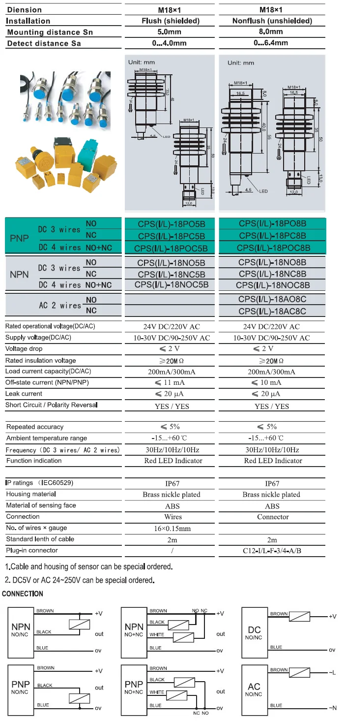 电子元件,配件及通信 活动组件 传感器 cps-18poc5b pnp 否 nc